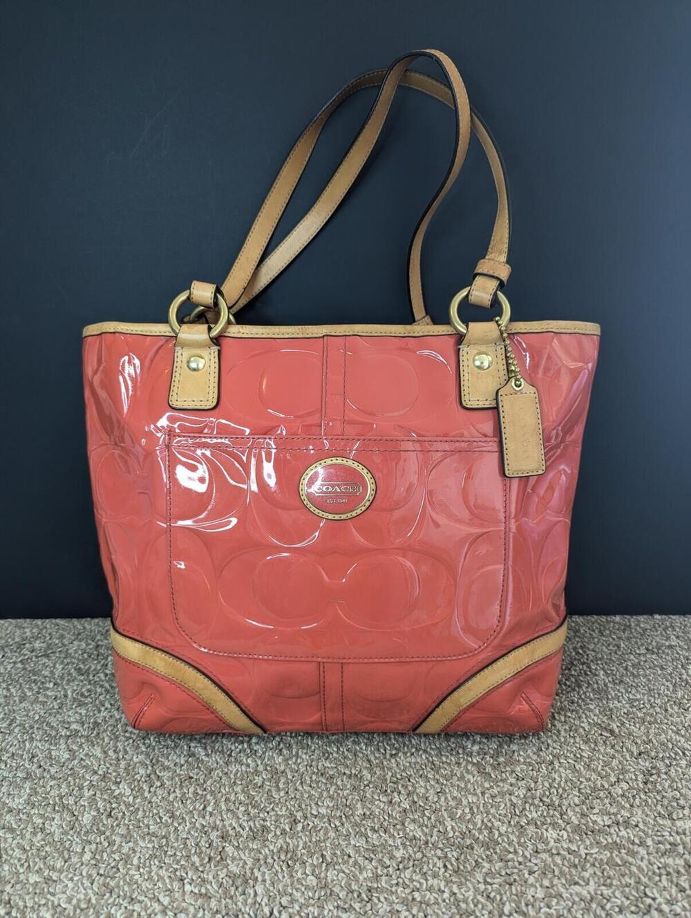 Coach Peyton Embossed Patent Leather Tote Signature Pink Orange - F22322